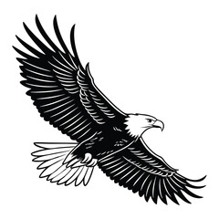 A black and white drawing of an eagle in flight soaring high