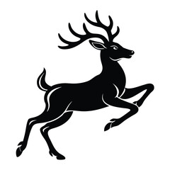 A black silhouette of a leaping deer with large antlers