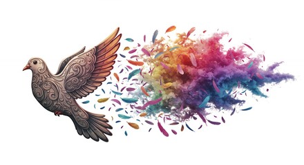 Fototapeta premium Dove in flight with rainbow feathers