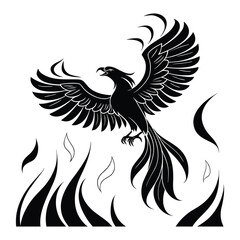 Black phoenix rising from flames vector illustration art