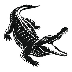 A black and white graphic of an alligator with open mouth