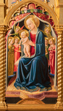 Assisi - The detail of polyptych of Madonna with the St. Rufino and John in Cathedral San Rufino and by Nicolo di Libertadore - L Alunno (1454 - 1502).