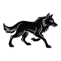 A black silhouette of a wolf running on a white background