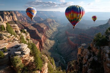 Obraz premium Colorful hot air balloons soaring over a stunning canyon landscape at sunrise