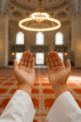 Close up hands of a Muslim man, praying pose hands open to the sky. Isolated against mosque background