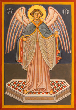 Spello - The fresco of St. Michael archangel in the church Chiesa di San Severino as a copy of the damaged original medieval fresco in this church.