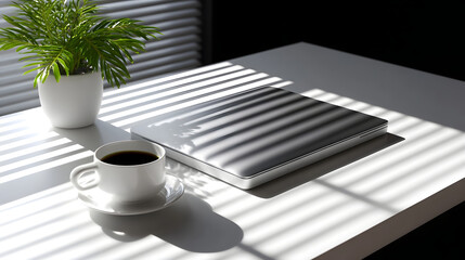 Laptop, coffee, and plant on a minimalist office table