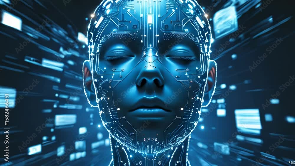 Poster a face with a digital design. lines and patterns run across the face, resembling electronic chips. p