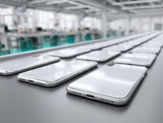 New smartphones on the assembly line, in a modern factory, ready for packaging.