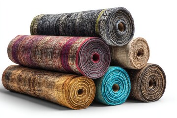 A stack of rolled rugs displays diverse patterns and colors, from muted earth tones to vibrant blues and reds, showcasing various textures and styles