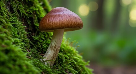 Fototapeta premium Forest Floor Fungus: A Brown Mushroom Growing on Mossy Bark in Woodland Setting