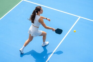 Active woman wearing white sportswear competes in a dynamic pickleball match on a sunny day.