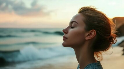 Peaceful woman with eyes closed, breathing deeply on beach at sunset. - Powered by Adobe