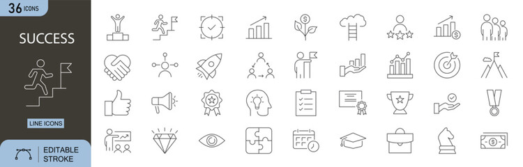 Success icons set. Includes icons for trophy, target, achievement, goal, winner, thumbs up, medal, growth, progress, and business victory. Editable stroke. Line icons. Perfect for infographics.