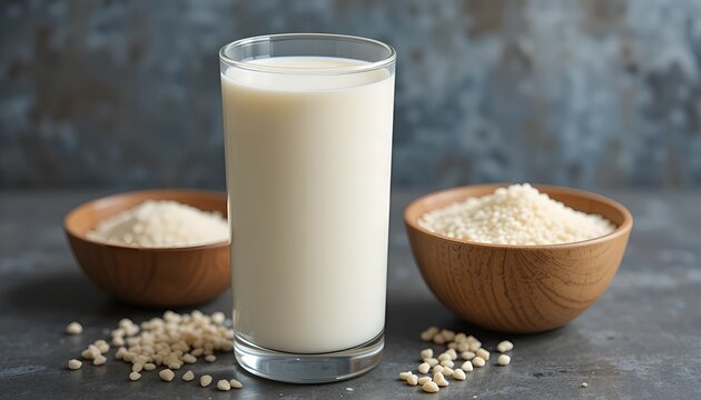 Descriptive & Health-Focused):
Glass of Rice Milk with Bowls of Rice Grains and Scattered Cereal. Vegan, Dairy-Free Alternative, Plant-Based Beverage, Healthy Diet, Lactose-Free, and Gluten-Free