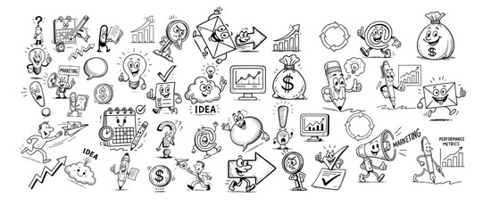 chalk business board sketch icon set. Hand drawn chalkboard frame bulb, puzzle and arrow for plan marketing idea arrow, Business chart, pencil drawing, office success and internet. Vector illustration