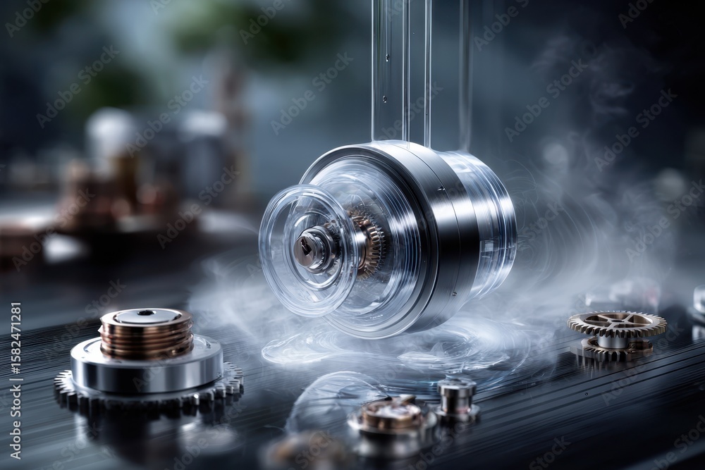 Poster high-tech mechanical components with smoke effect in an industrial setting at twilight
