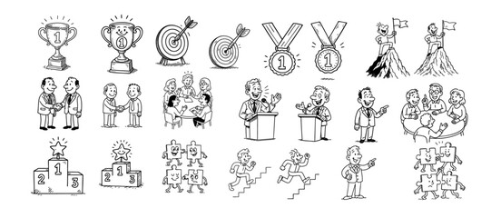 Doodle career icon set. Success winner, business goal, challenge hand drawn sketch line pen stroke style icon. Professional business career, goal sketch doodle drawn collection. Vector illustration