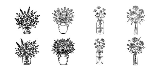 Hand drawn line ink or sketch style vases. Wild garden flower bouquet for wedding invitations or wall art drawing. Clip art flower arrangement in glass vase. Minimalist chalk or charcoal illustration.