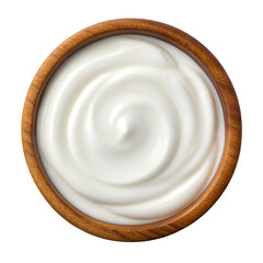 Creamy white yogurt swirled in a wooden bowl isolated on transparent background