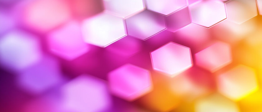 Abstract hexagonal bokeh, vibrant pink, orange, and purple hues