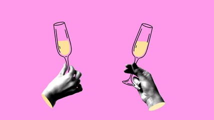 Modern collage with halftone hands holding champagne flutes. Valentines day. Couple clinking glasses. Hands holding drinks. People celebrate event together. Animation, stop motion - Powered by Adobe
