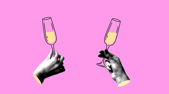 Modern collage with halftone hands holding champagne flutes. Valentines day. Couple clinking glasses. Hands holding drinks. People celebrate event together. Animation, stop motion