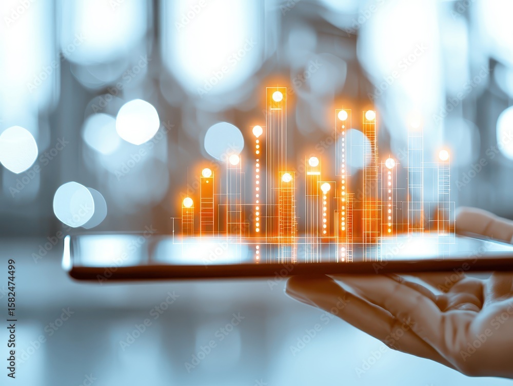 Poster engineer petrochemical refinery concept. hand holding a smartphone displaying digital data visualiza