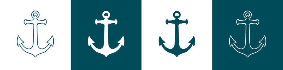 Set of nautical anchor icons in flat and line art stiles. Sea anchor with outline and silhouette of icon design templates. Vector Illustration