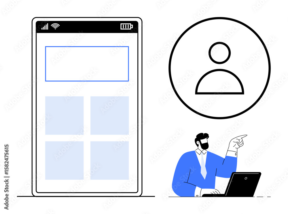 Poster phone interface with user profile icon and person using laptop while pointing, symbolizing digital i