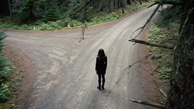 A solitary woman stands at a crossroads on a path through a serene forest, facing a symbolic choice in the wilderness.