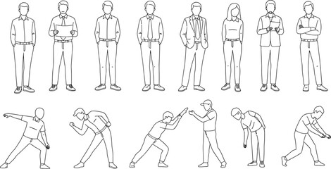 Line art business and casual people, office workers and active poses, hand drawn outline set, black and white vector collectionLine art business and casual 