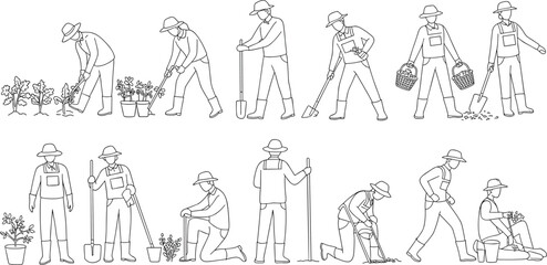Line art illustration of farmers working in garden, planting, digging, harvesting, agricultural workers with tools, black and white vector setLine art illustration of farmers working in garden