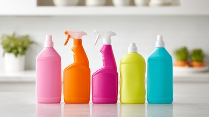 Domestic Hygiene Lifestyle, Bright Kitchen Cleaning Setup. Modern Cleaning Products for Tidy Home Lifestyle on Sleek Kitchen Counter, Cleaning Essentials,3d rendering