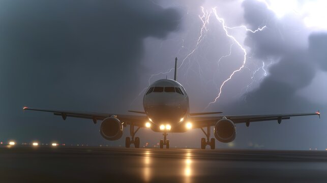 Fototapeta Stormy weather creates dramatic conditions for airplane landing at the airport