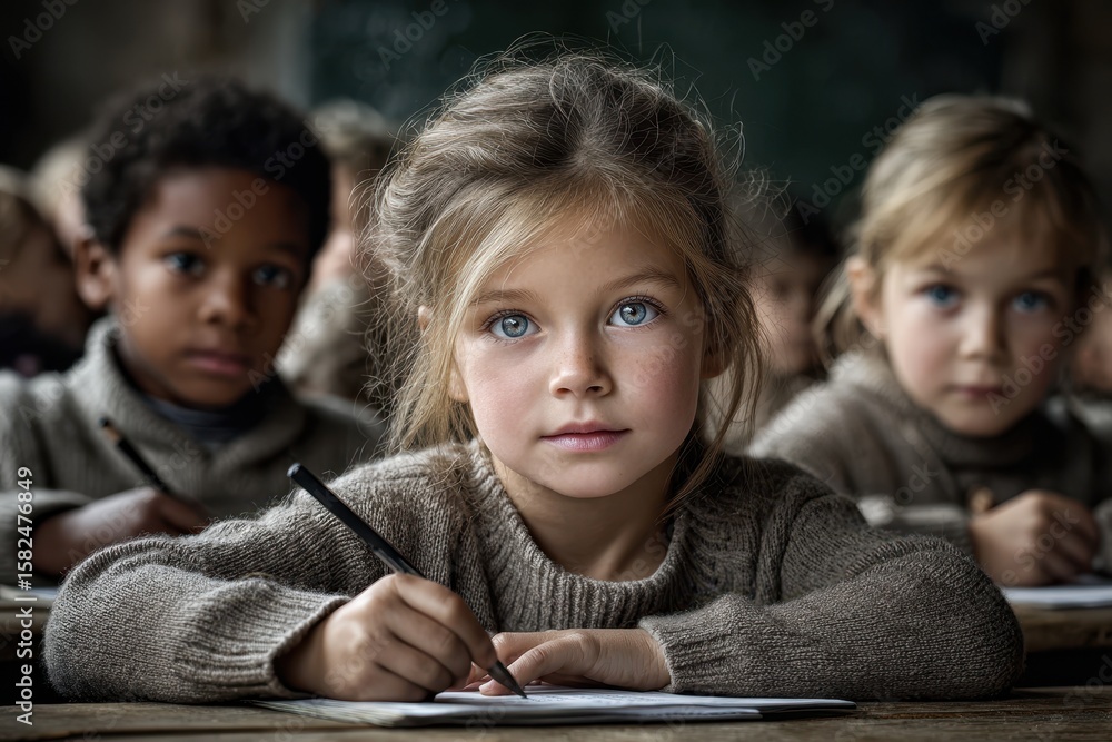 Poster children engaged in learning at a rustic classroom during daytime in an old building