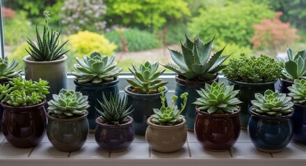 Fototapeta premium Vibrant Succulents in Assorted Ceramic Pots on a Windowsill