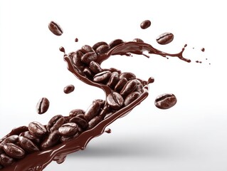 A dynamic swirl of dark brown liquid, resembling melted chocolate or coffee, carrying numerous coffee beans in mid-air against a stark white background.
