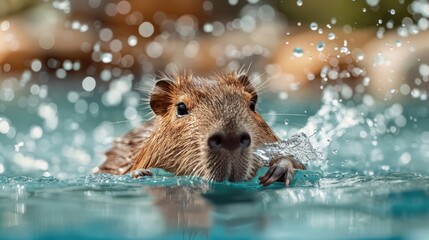 A capybara swims through a crystal-clear river.