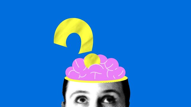 Question mark moves from side to side in the brain. Animated collage with head, brain, question mark. Problem and solution. Brainstorm. Puzzled woman looks at question mark. FAQ. Search for an answer