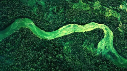 Obraz premium Serpentine River Flowing Through Lush Green Forest Landscape Captured from Above in Vibrant Natural Colors