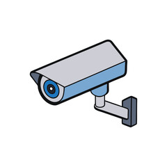 Vector art of a blue security camera is mounted on a white wall, isolated on white background