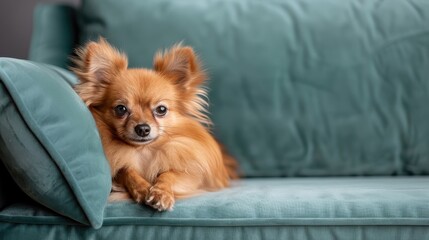 A regal Pomeranian with a perfectly groomed pom-pom sits on a velvet cushion.