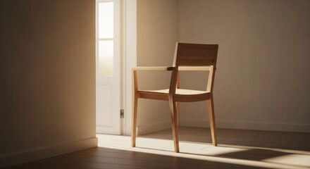 Sunlit Wooden Chair Near Doorway in Minimalist Room