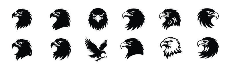 Eagle Head Vector Design Set, High quality black eagle head silhouette vector collection for logos, badges, sports branding, digital art, t-shirts, posters, and promotional design