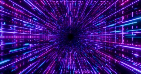 Futuristic glowing neon waving rays background. Shining geometric purple grid and lines inside corridor in perspective. Bright retro digital cyberspace. 3D rendering.