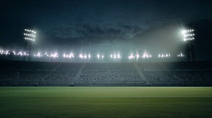 Empty soccer stadium under dramatic evening lights, capturing a championship ambiance.