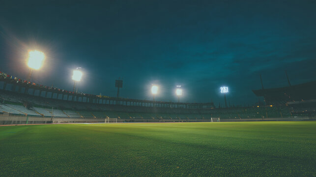Empty soccer stadium under dramatic evening lights, capturing a championship ambiance.