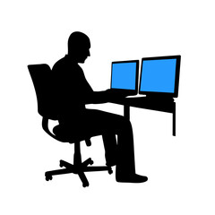 Silhouette Man Typing on Laptop in Dark Office with Blue Glowing Screens &ndash; PNG Transparent Background