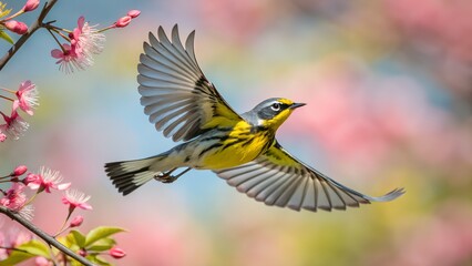 Magnolia Warbler Flying with Spread Wings and Colorful Blurred Background